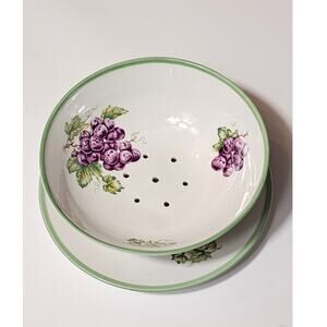 1940s Bohemia Porcelain Fruit Colander Painted Grapes Made in Czechoslovakia